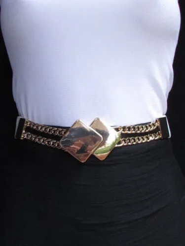 Waist Hip Stretch Back Belt Gold Chains Squares Metal Buckle S M L