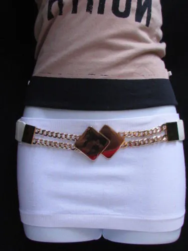 Waist Hip Stretch Back Belt Gold Chains Squares Metal Buckle S M L
