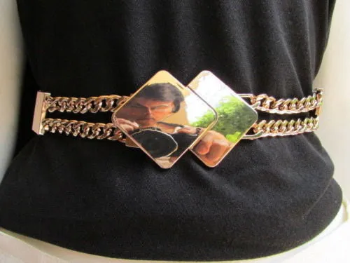 Waist Hip Stretch Back Belt Gold Chains Squares Metal Buckle S M L