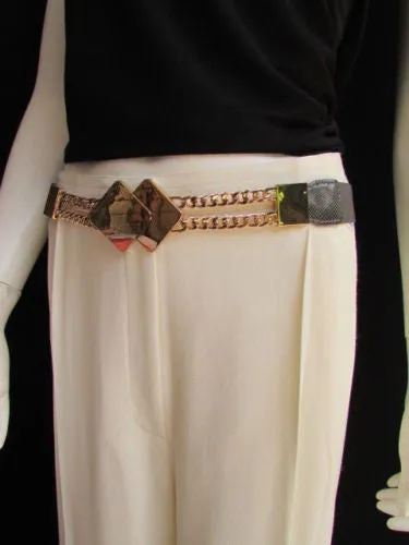 Waist Hip Stretch Back Belt Gold Chains Squares Metal Buckle S M L
