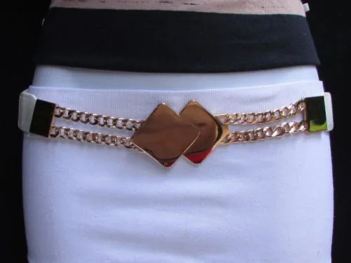 Waist Hip Stretch Back Belt Gold Chains Squares Metal Buckle S M L