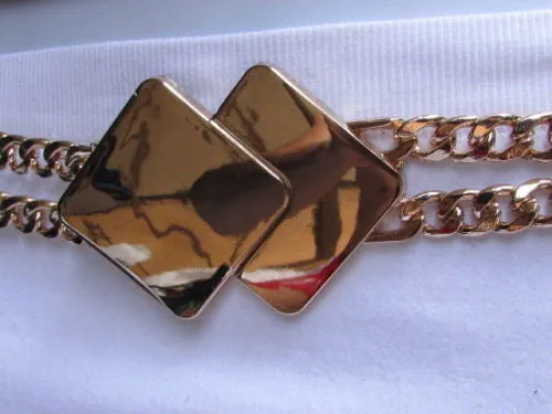 Waist Hip Stretch Back Belt Gold Chains Squares Metal Buckle S M L