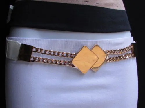 Waist Hip Stretch Back Belt Gold Chains Squares Metal Buckle S M L