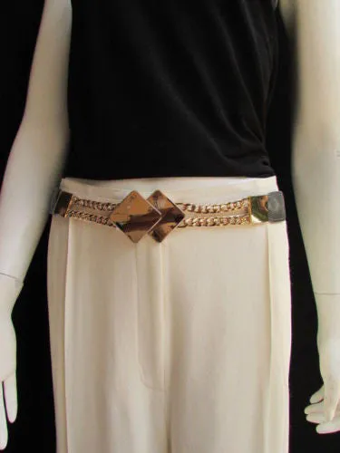 Waist Hip Stretch Back Belt Gold Chains Squares Metal Buckle S M L