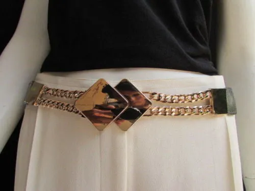 Waist Hip Stretch Back Belt Gold Chains Squares Metal Buckle S M L