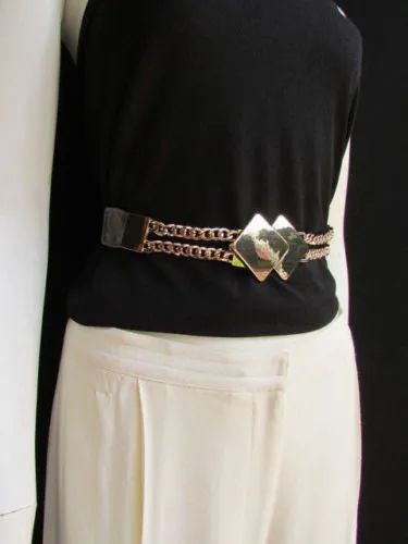 Waist Hip Stretch Back Belt Gold Chains Squares Metal Buckle S M L