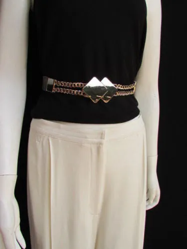 Waist Hip Stretch Back Belt Gold Chains Squares Metal Buckle S M L