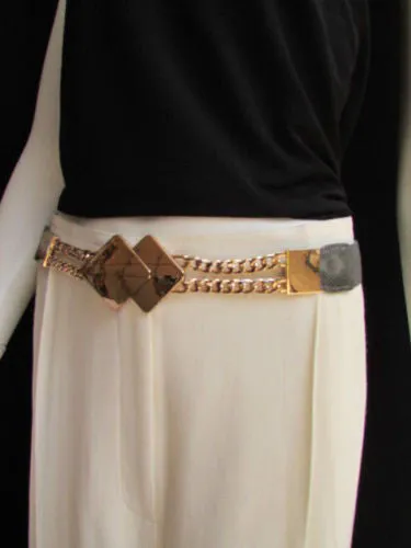 Waist Hip Stretch Back Belt Gold Chains Squares Metal Buckle S M L