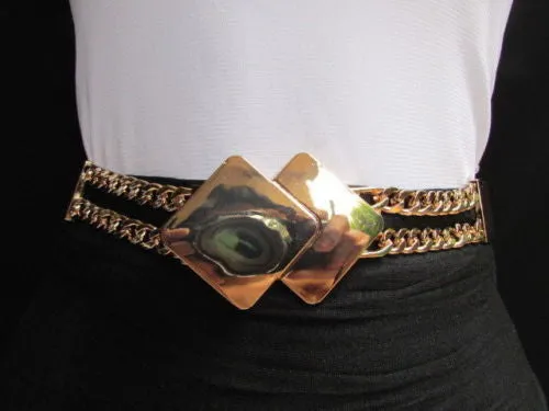 Waist Hip Stretch Back Belt Gold Chains Squares Metal Buckle S M L