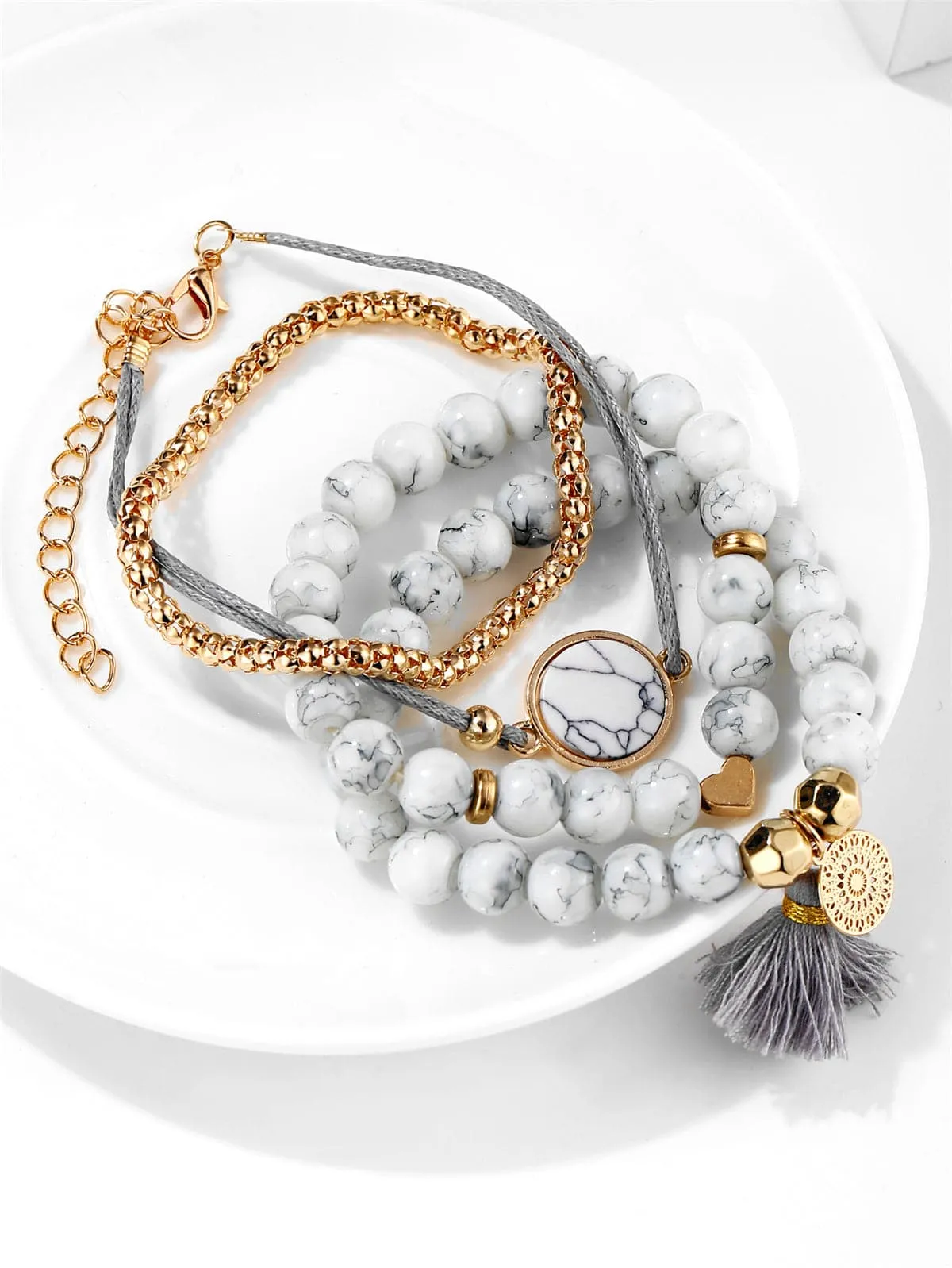 White Turquoise & 18K Gold-Plated Tassel-Accent Bracelet Set