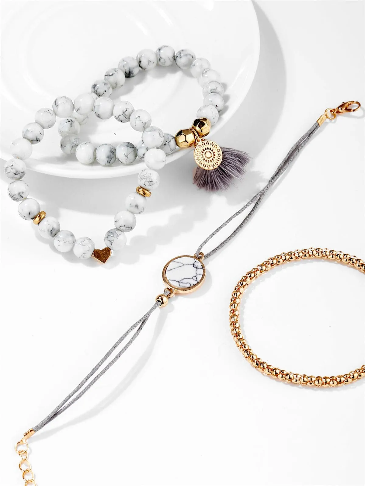 White Turquoise & 18K Gold-Plated Tassel-Accent Bracelet Set