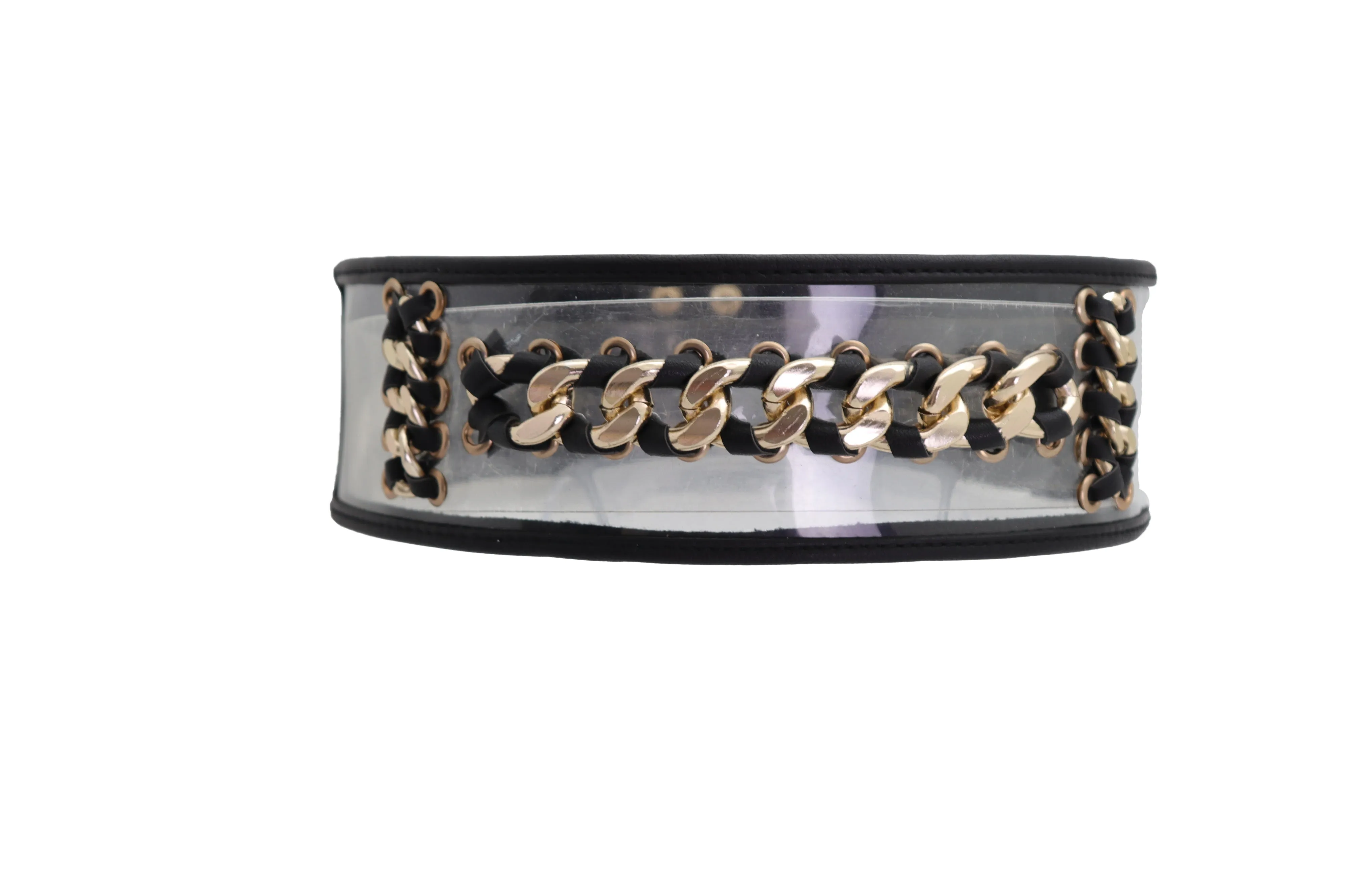 Wide Black Elastic Hip High Waist Fashion Belt Gold Metal Chain Links Size XS S
