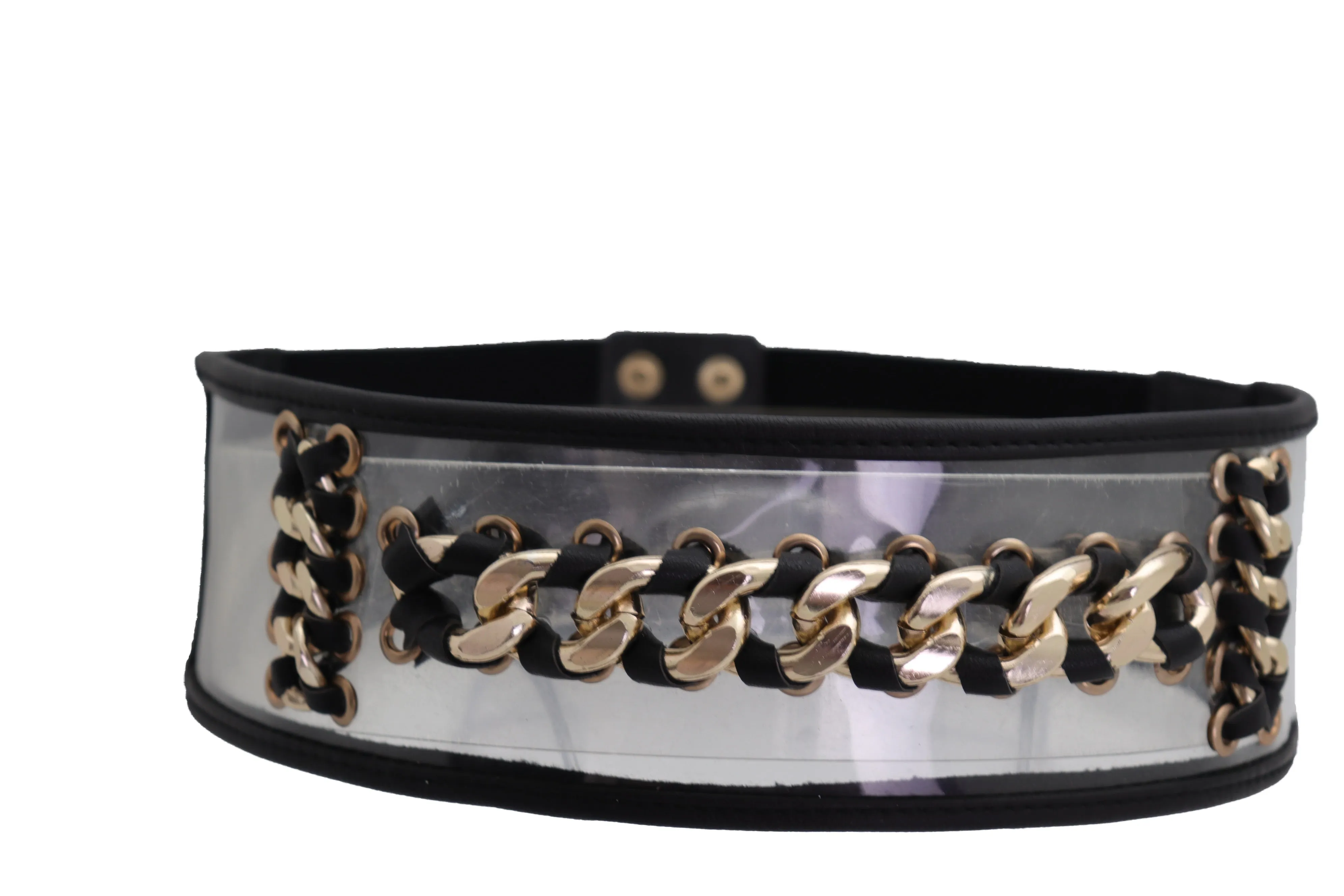 Wide Black Elastic Hip High Waist Fashion Belt Gold Metal Chain Links Size XS S