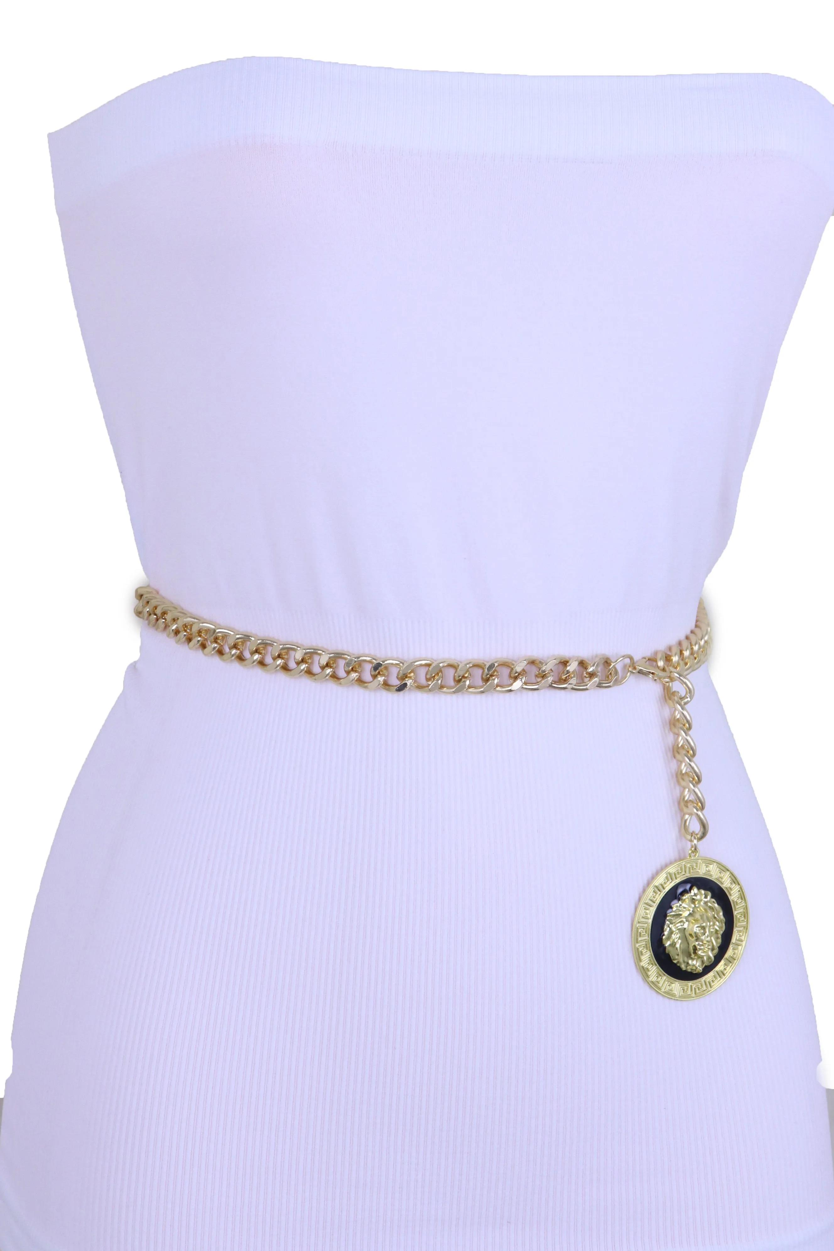 Wide Black Elastic Hip High Waist Fashion Belt Gold Metal Chain Links Size XS S