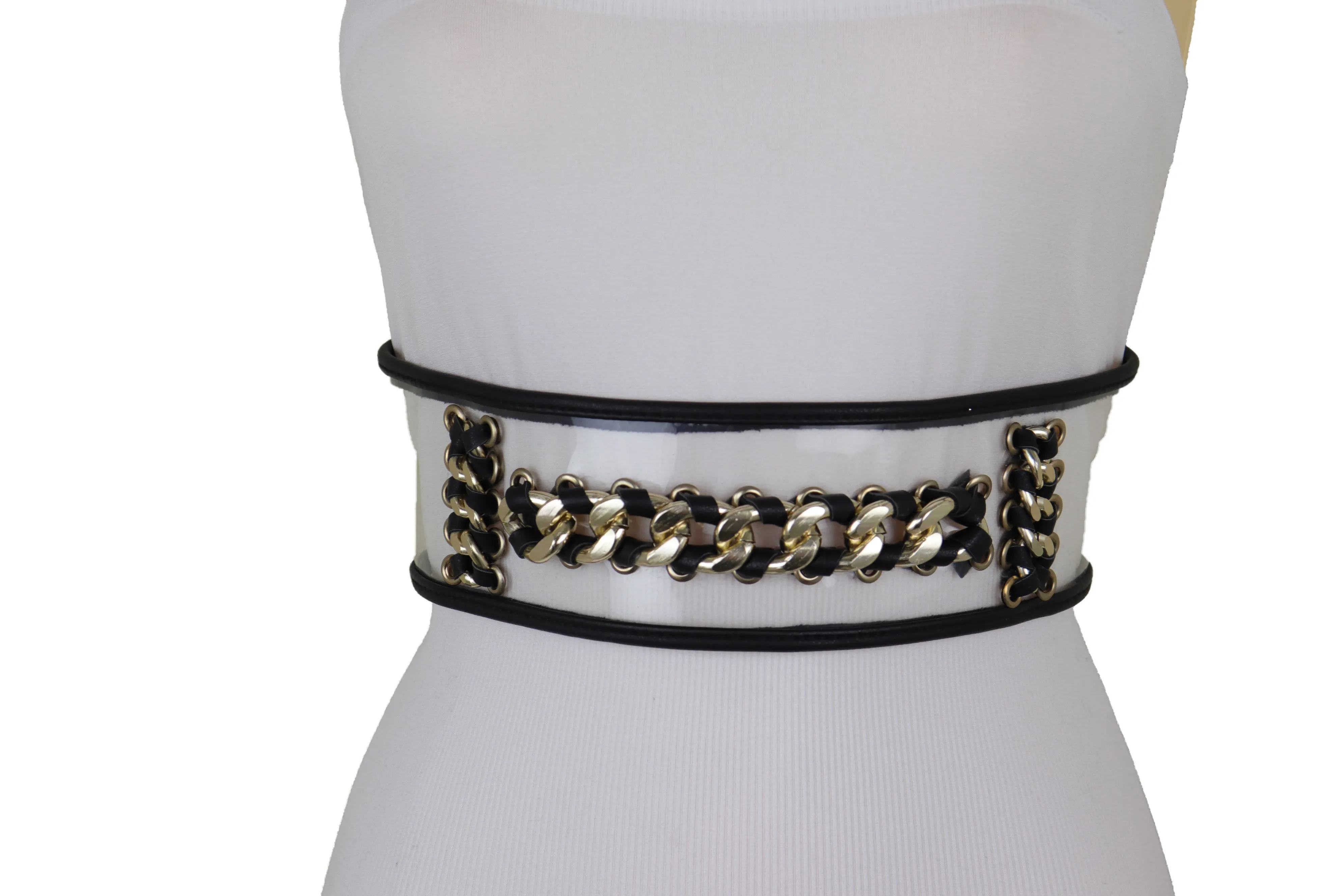 Wide Black Elastic Hip High Waist Fashion Belt Gold Metal Chain Links Size XS S
