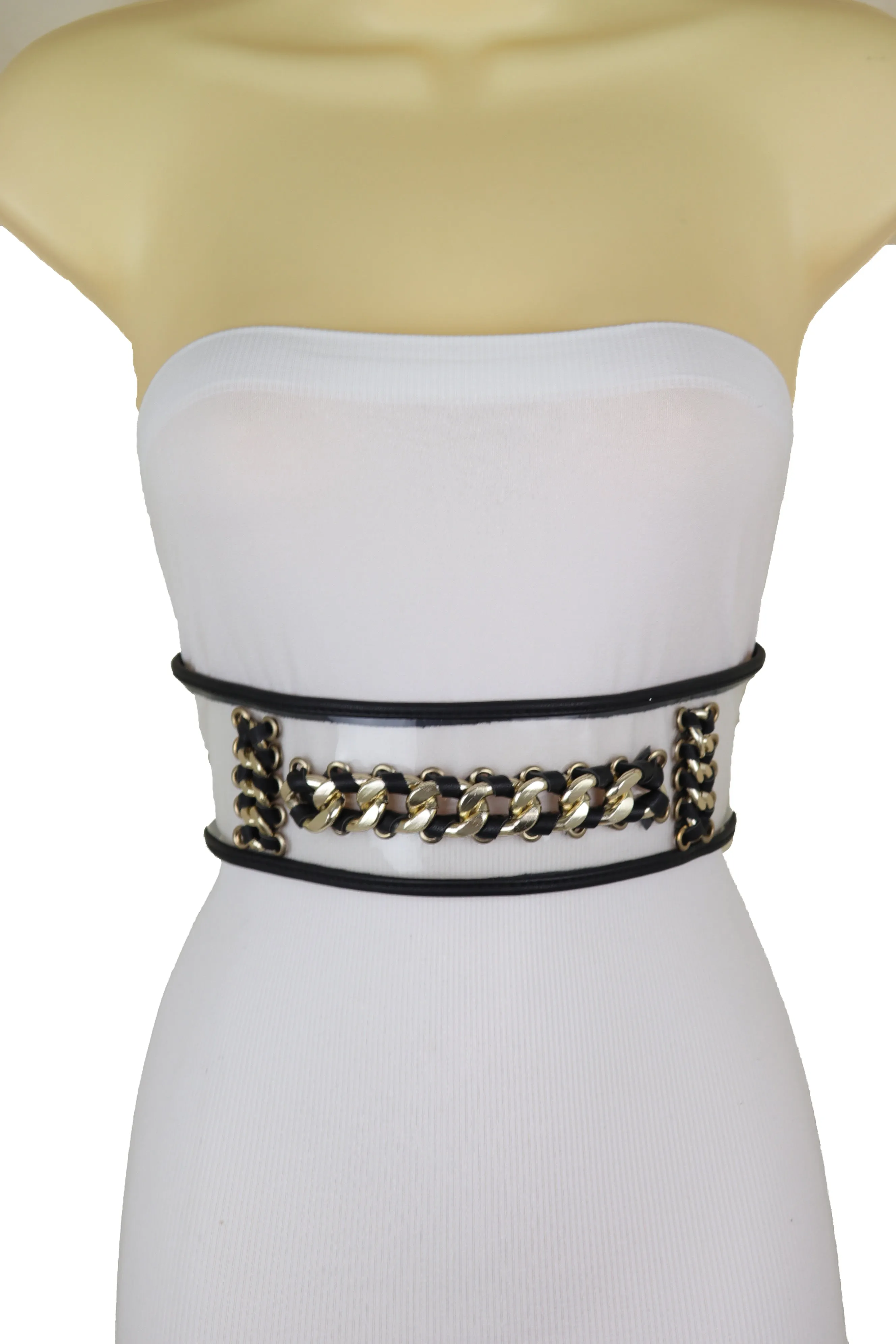 Wide Black Elastic Hip High Waist Fashion Belt Gold Metal Chain Links Size XS S