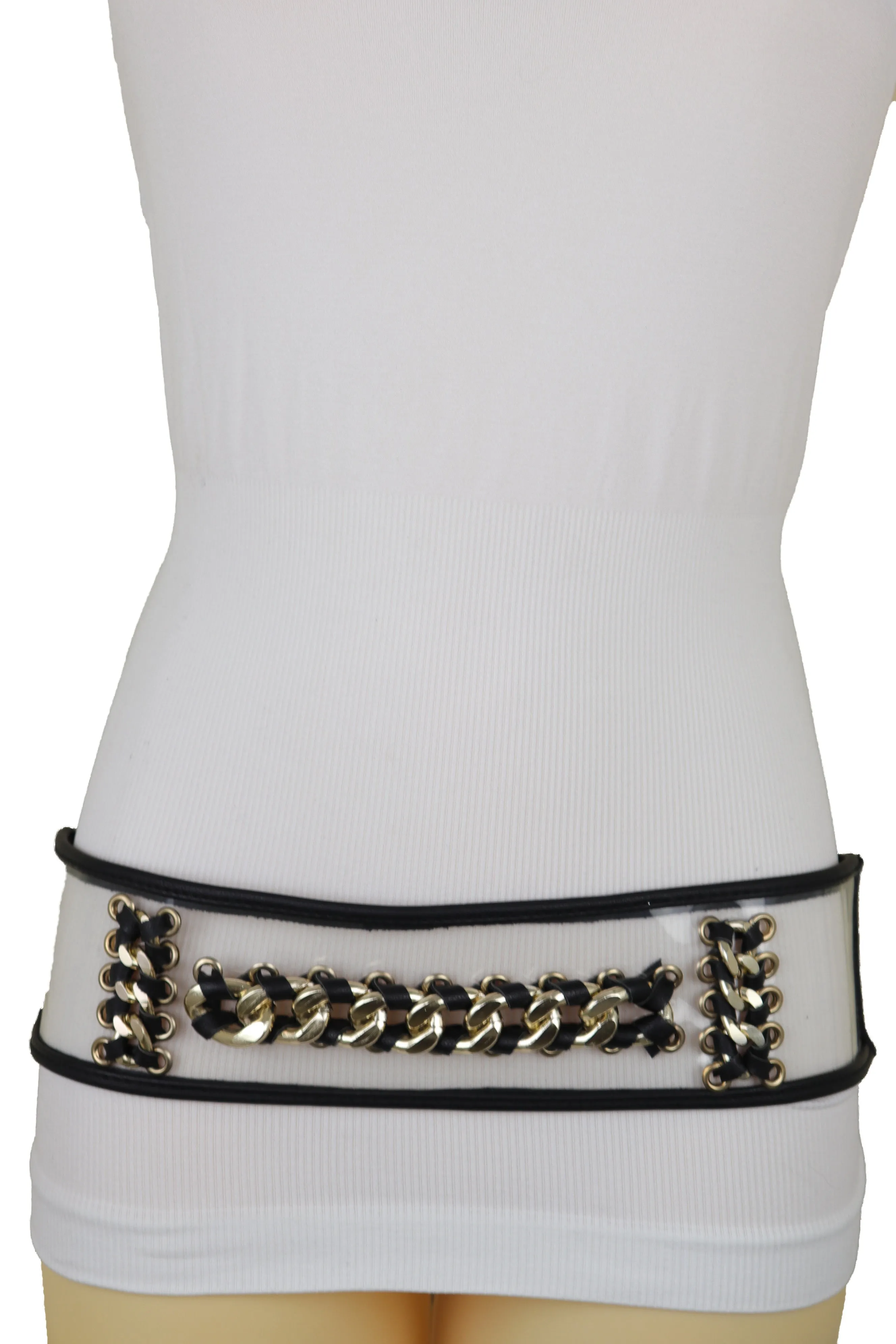 Wide Black Elastic Hip High Waist Fashion Belt Gold Metal Chain Links Size XS S