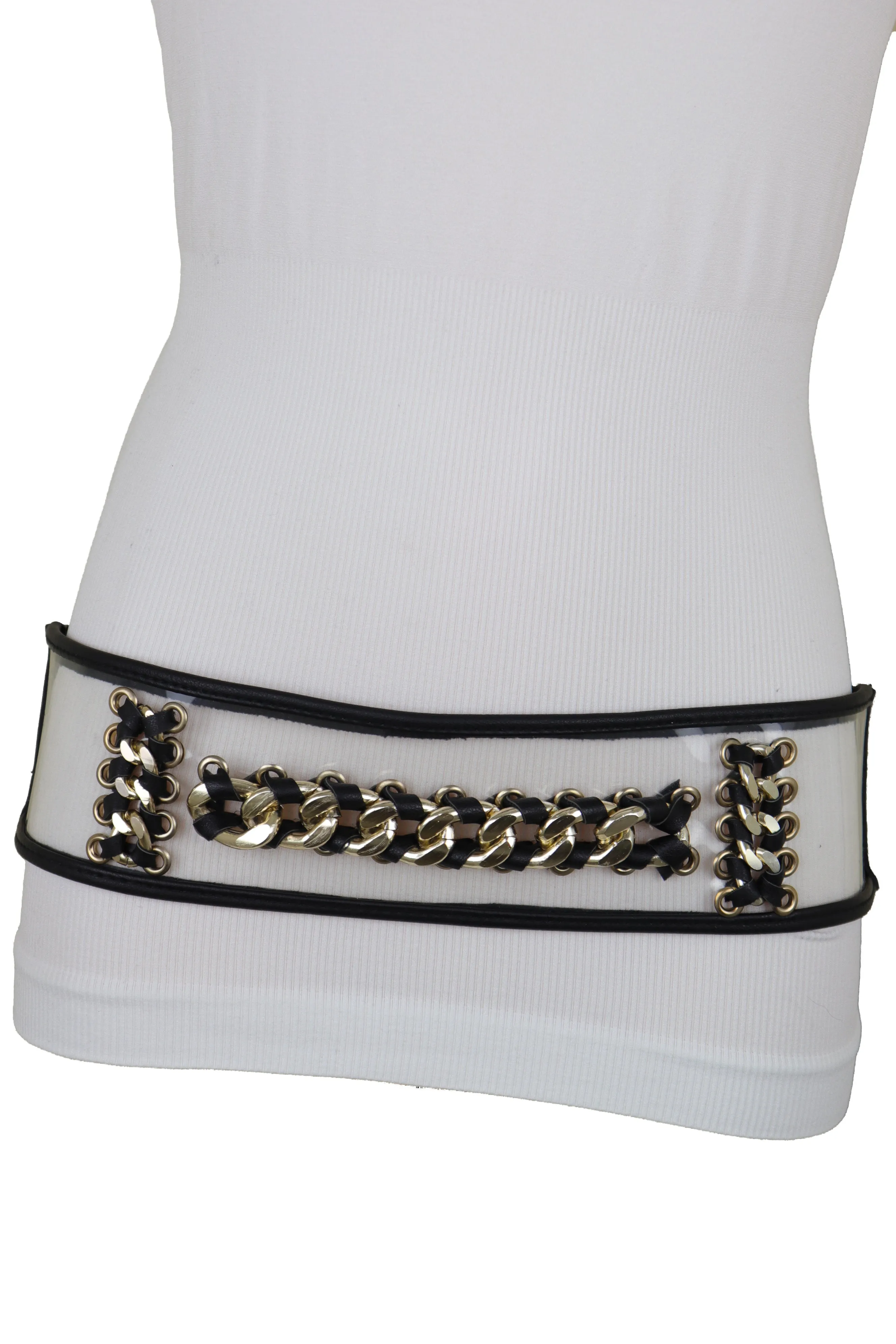 Wide Black Elastic Hip High Waist Fashion Belt Gold Metal Chain Links Size XS S
