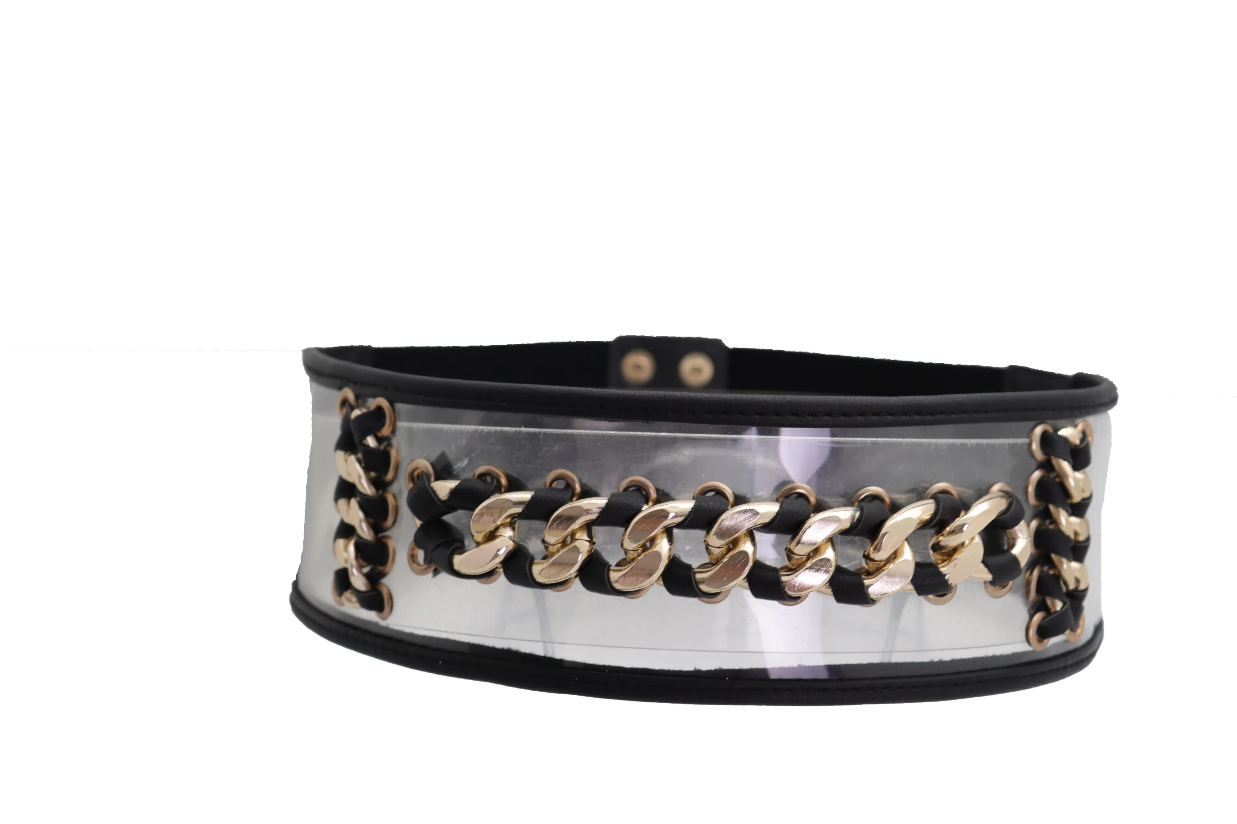 Wide Black Elastic Hip High Waist Fashion Belt Gold Metal Chain Links Size XS S