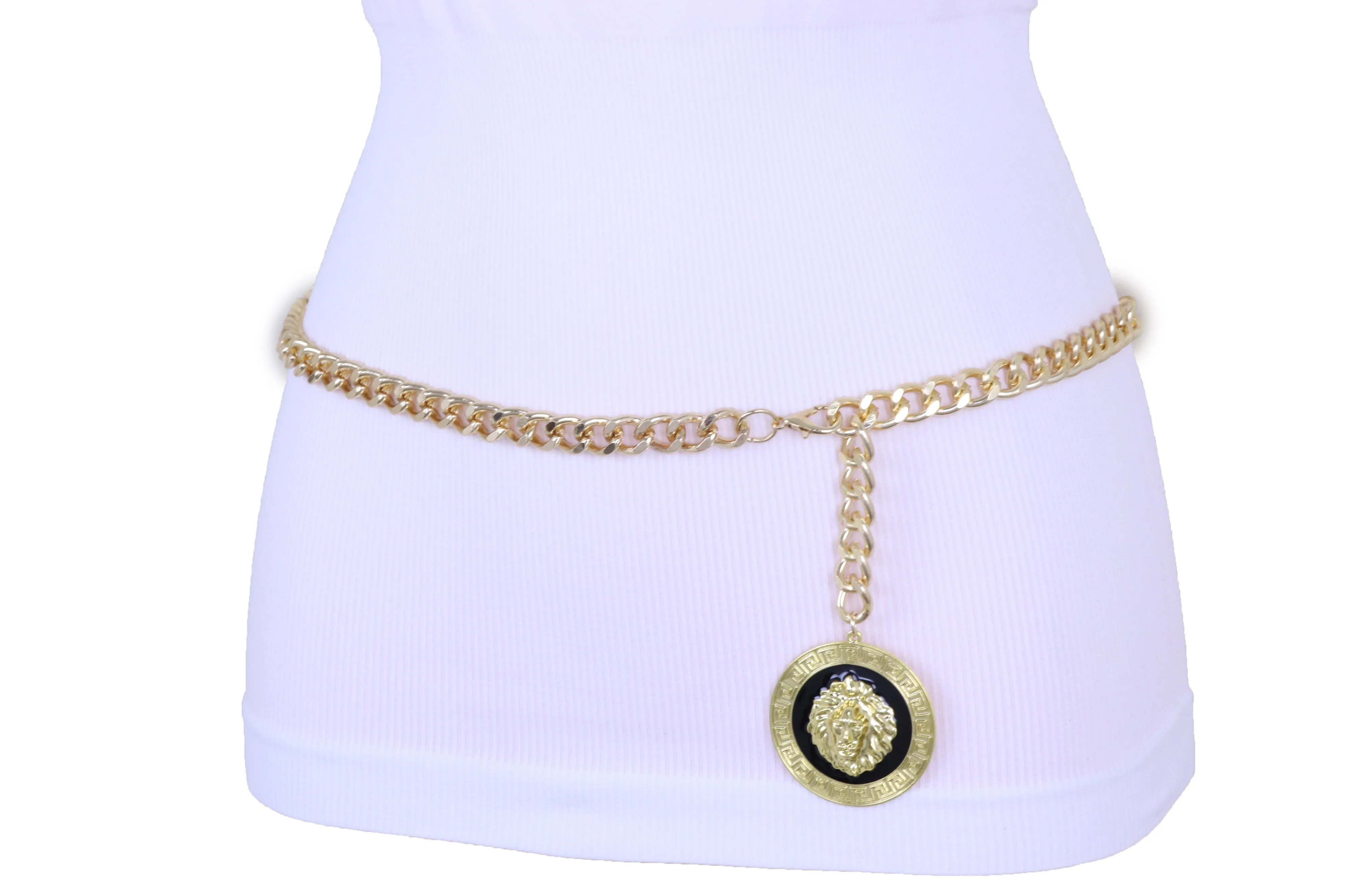 Wide Black Elastic Hip High Waist Fashion Belt Gold Metal Chain Links Size XS S