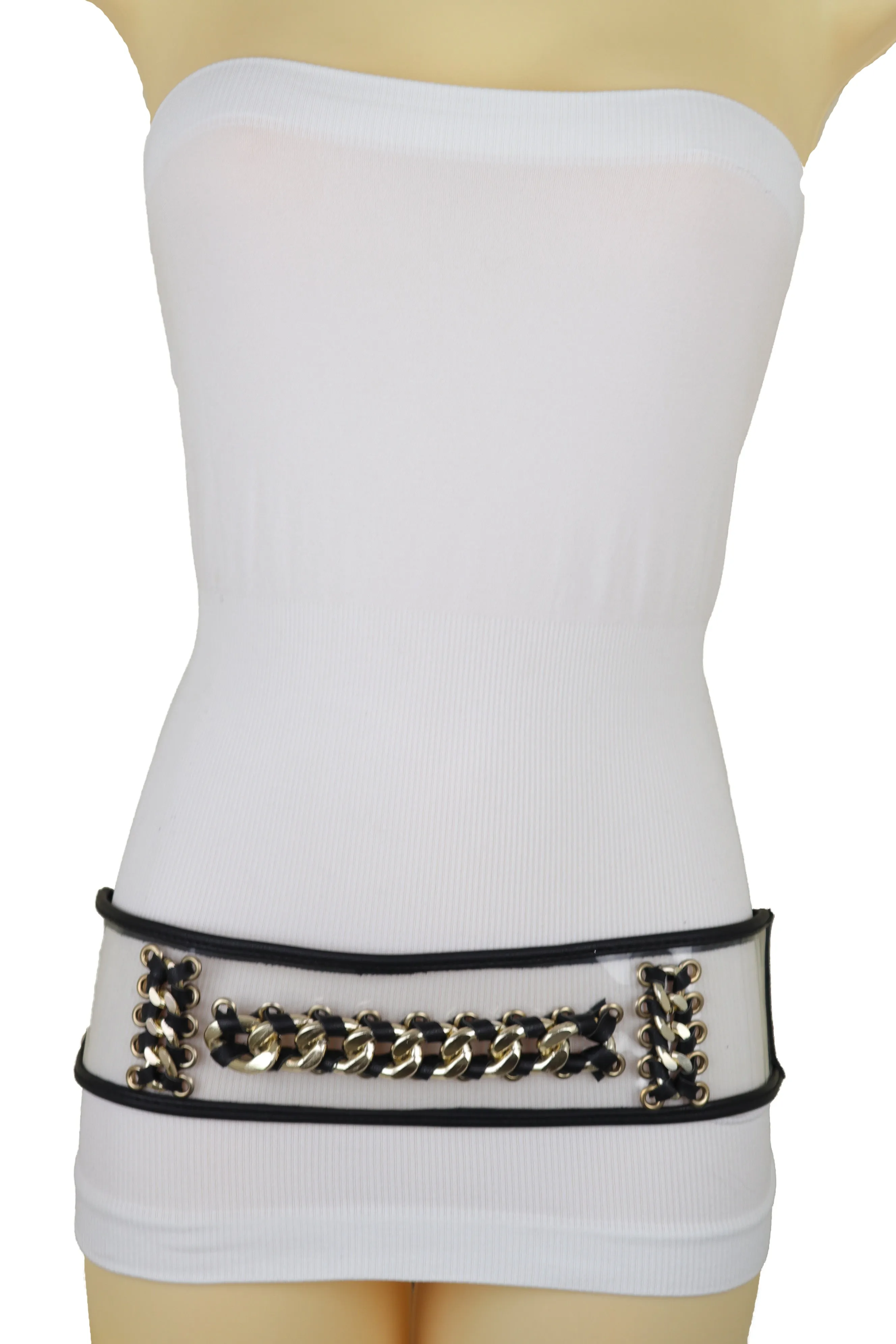 Wide Black Elastic Hip High Waist Fashion Belt Gold Metal Chain Links Size XS S