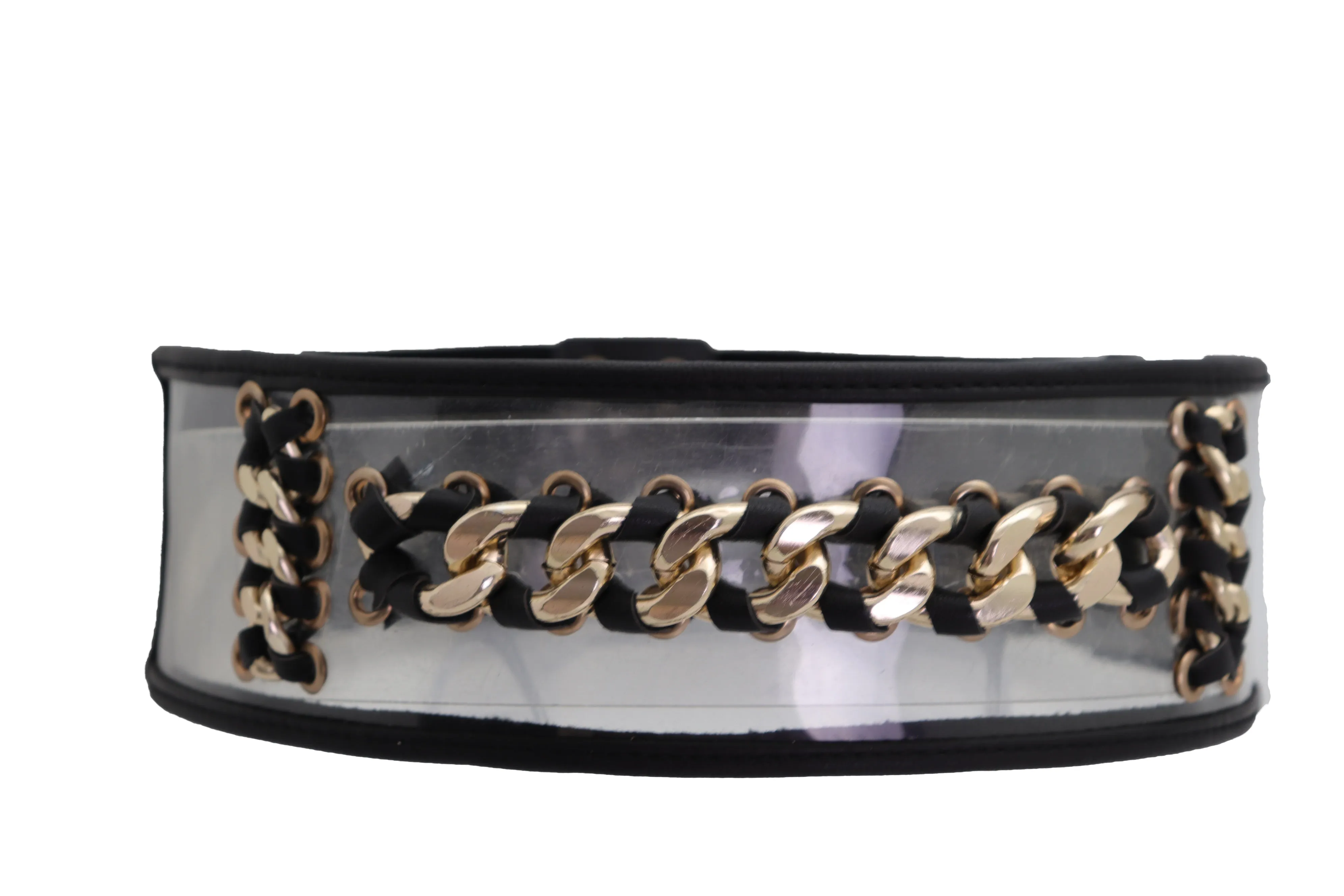 Wide Black Elastic Hip High Waist Fashion Belt Gold Metal Chain Links Size XS S