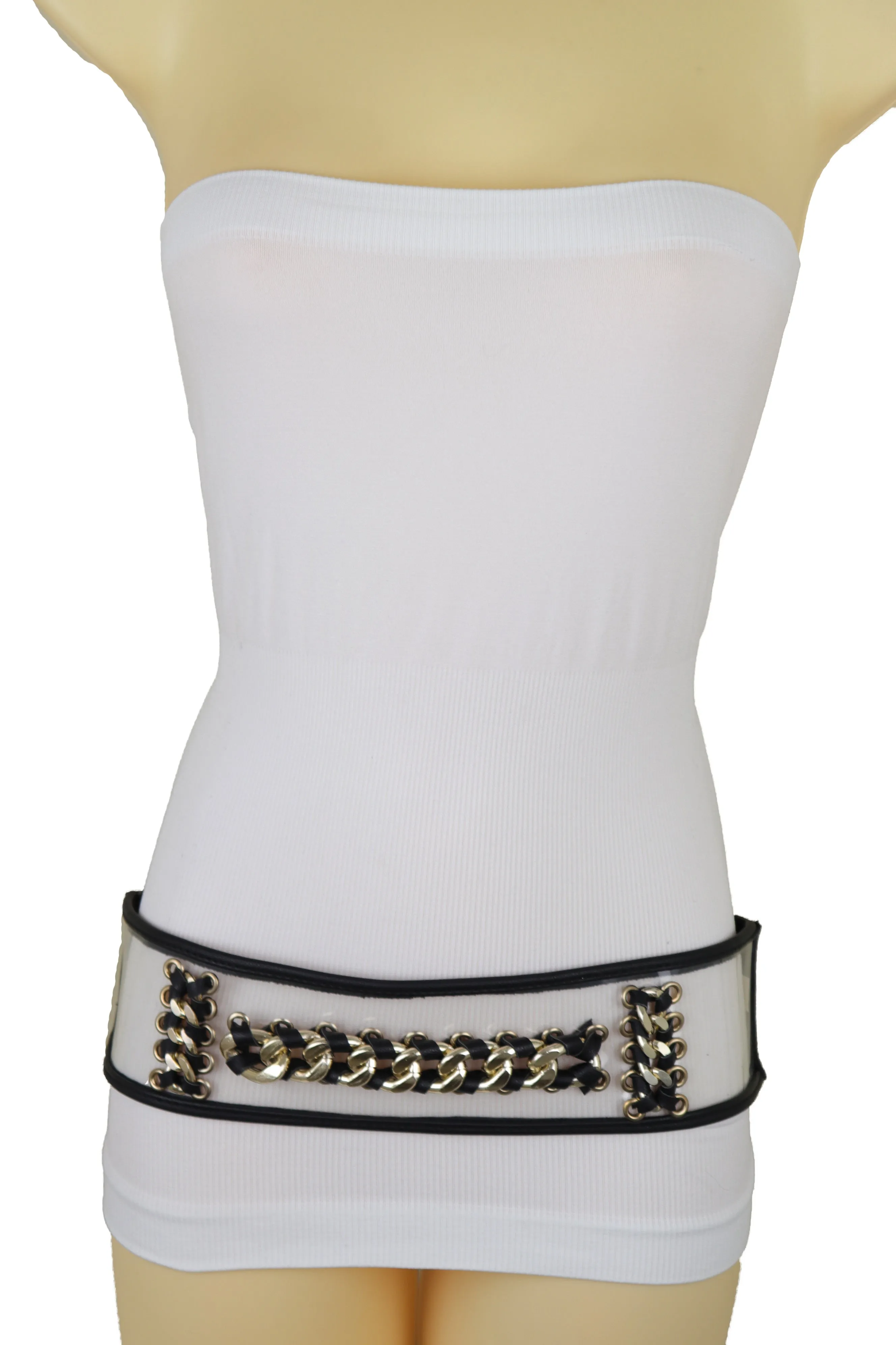 Wide Black Elastic Hip High Waist Fashion Belt Gold Metal Chain Links Size XS S