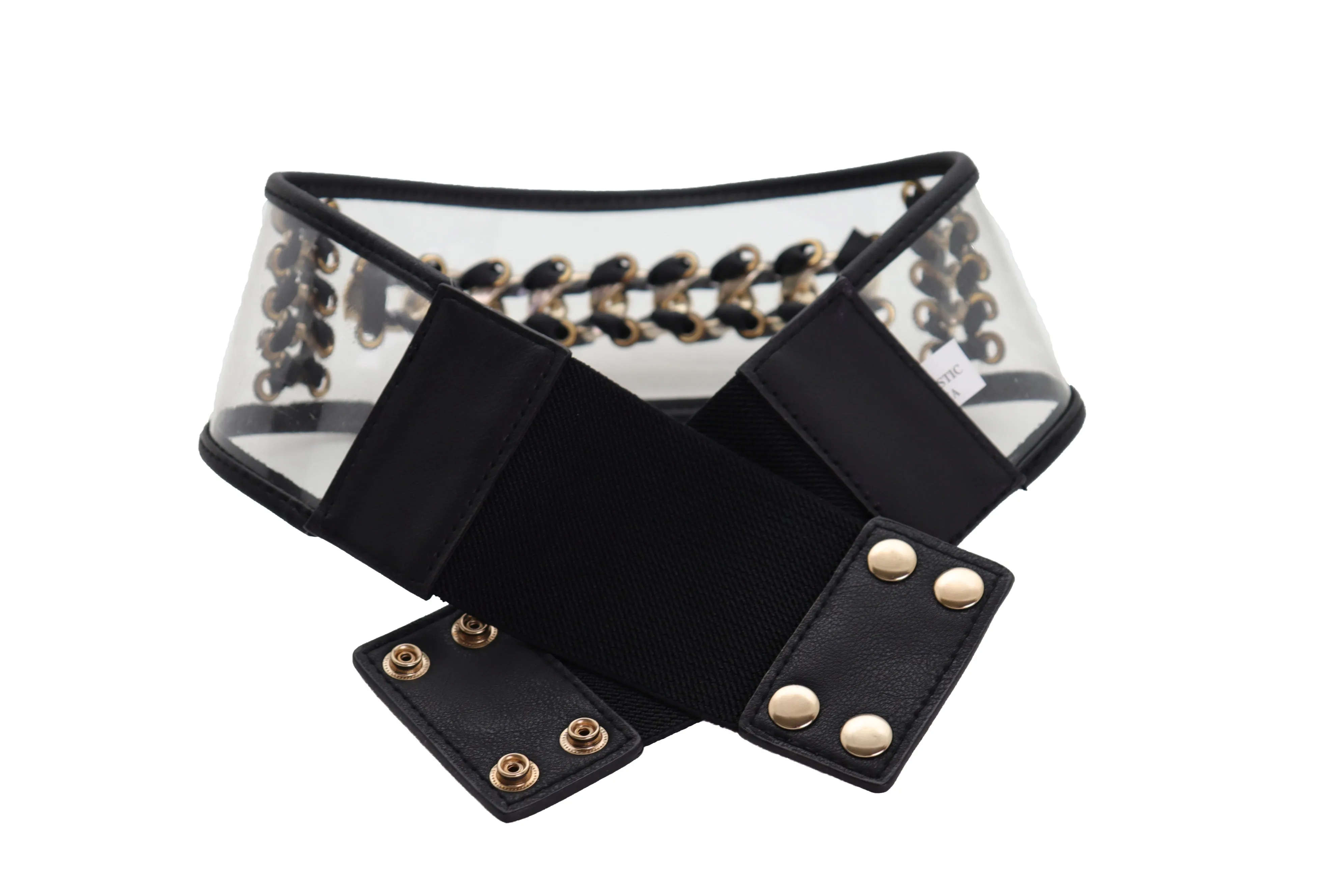 Wide Black Elastic Hip High Waist Fashion Belt Gold Metal Chain Links Size XS S