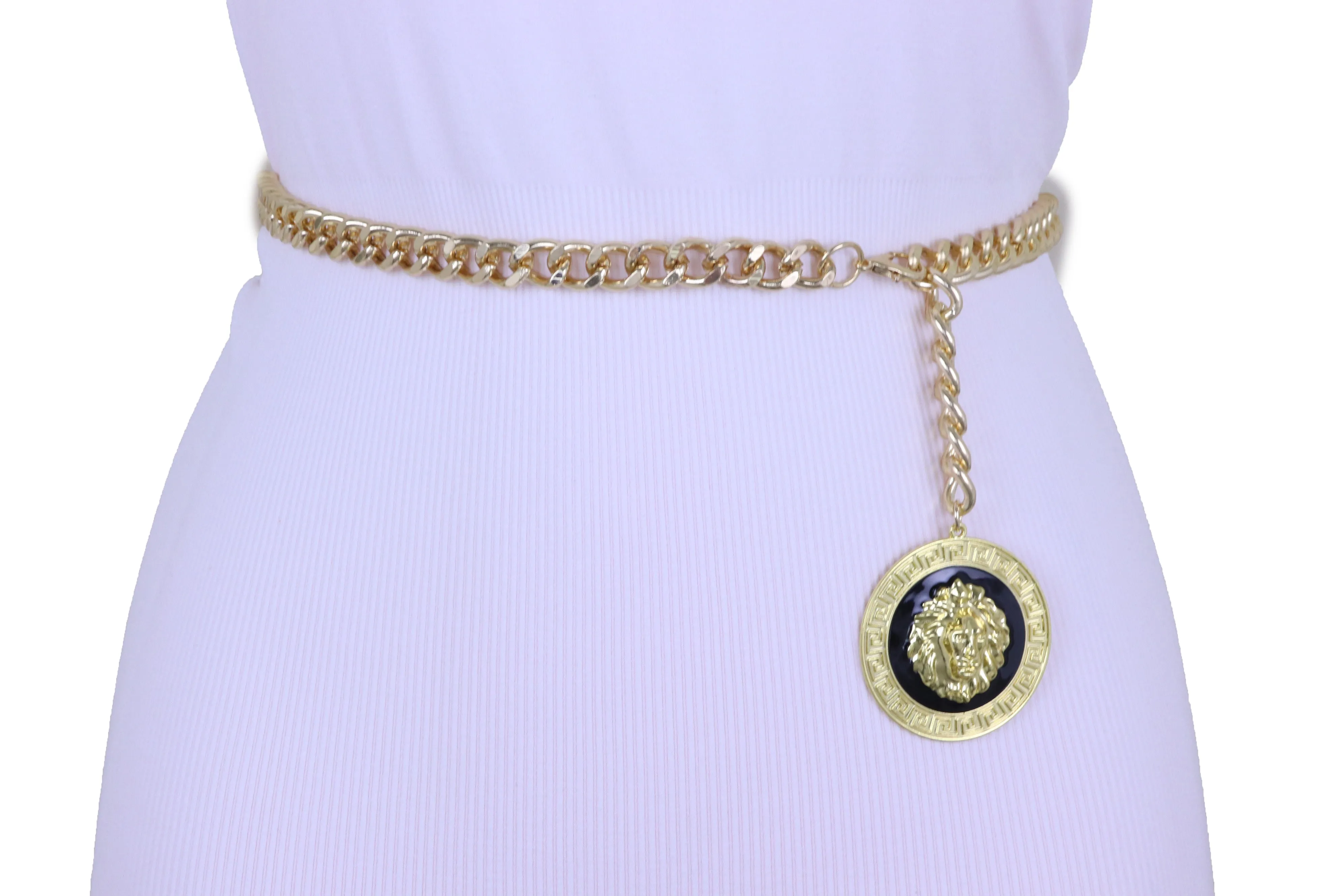 Wide Black Elastic Hip High Waist Fashion Belt Gold Metal Chain Links Size XS S