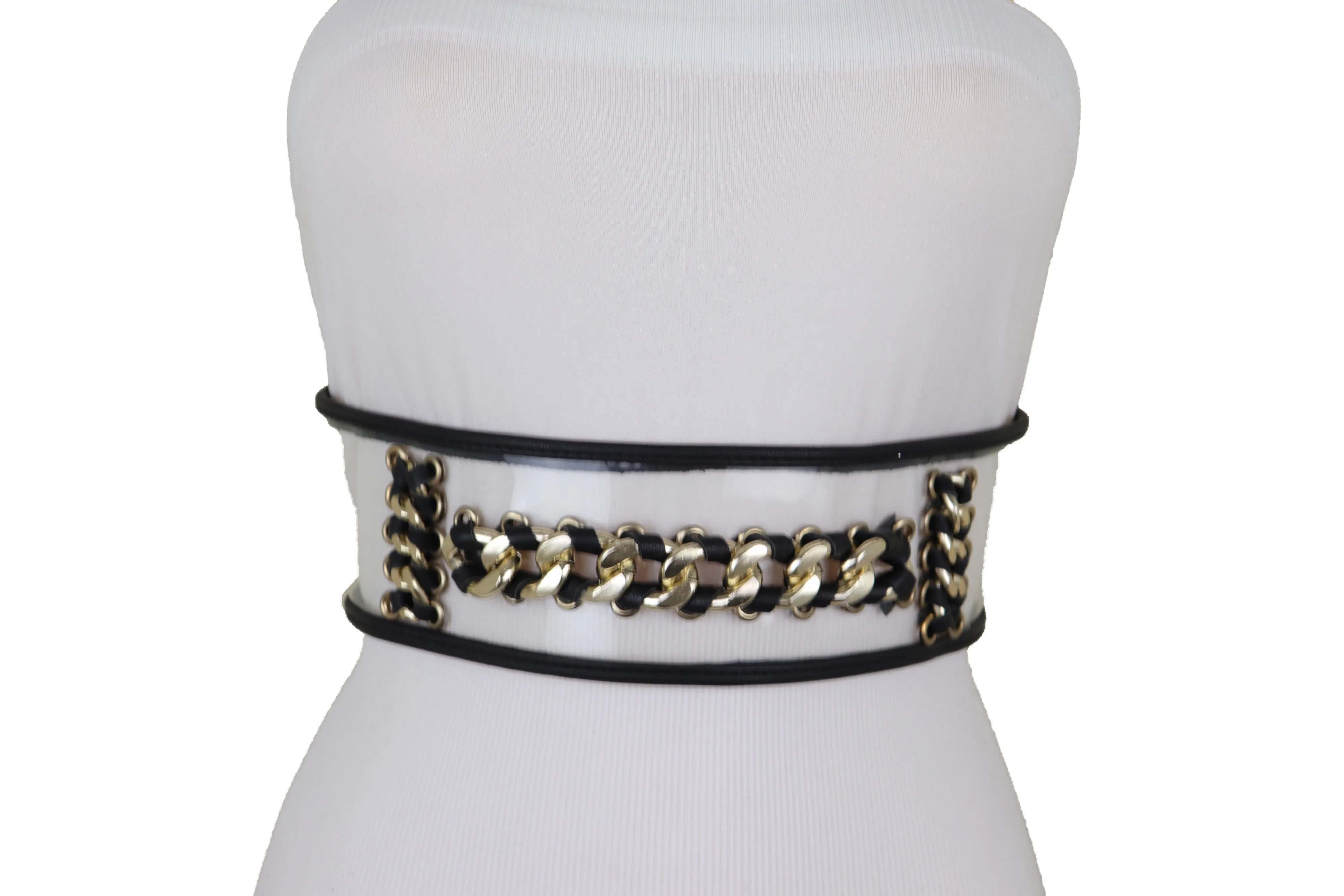Wide Black Elastic Hip High Waist Fashion Belt Gold Metal Chain Links Size XS S