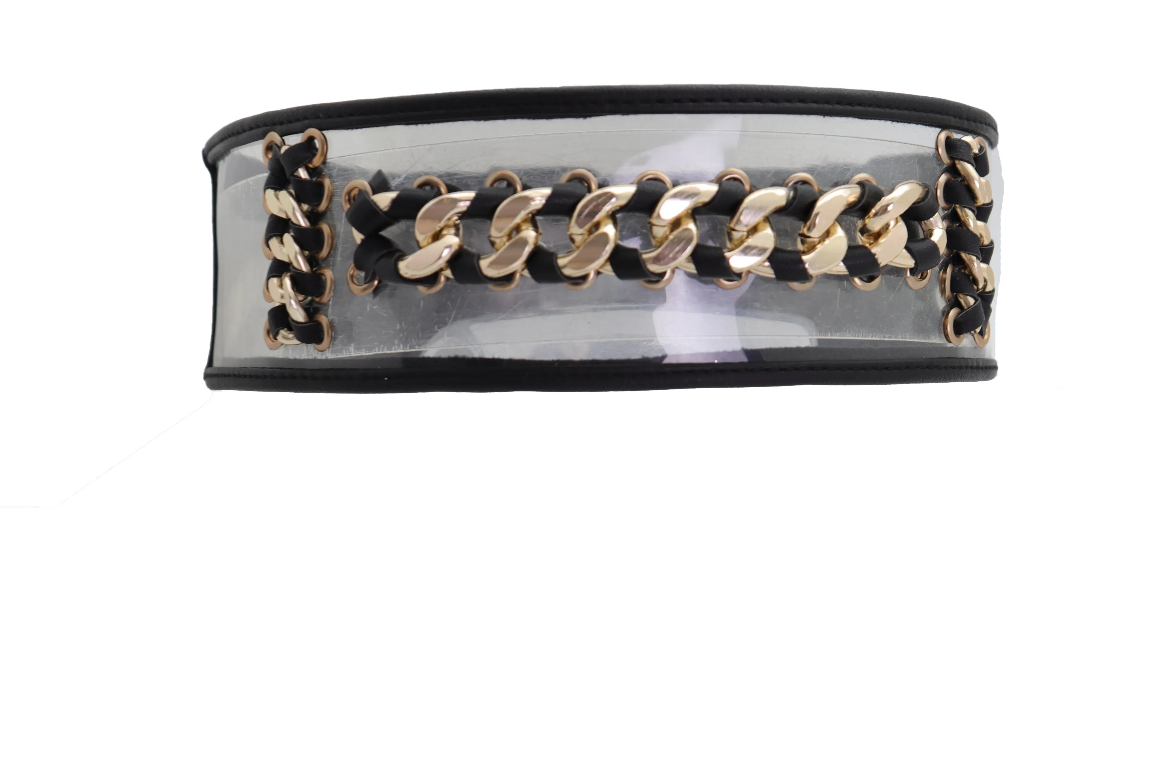Wide Black Elastic Hip High Waist Fashion Belt Gold Metal Chain Links Size XS S