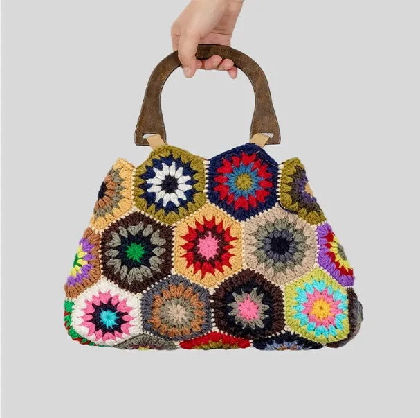 Women Bamboo Handle Patchwork Handbag