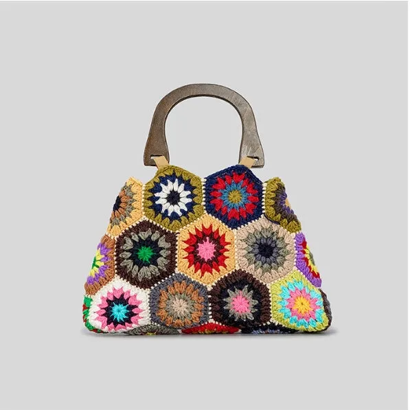 Women Bamboo Handle Patchwork Handbag