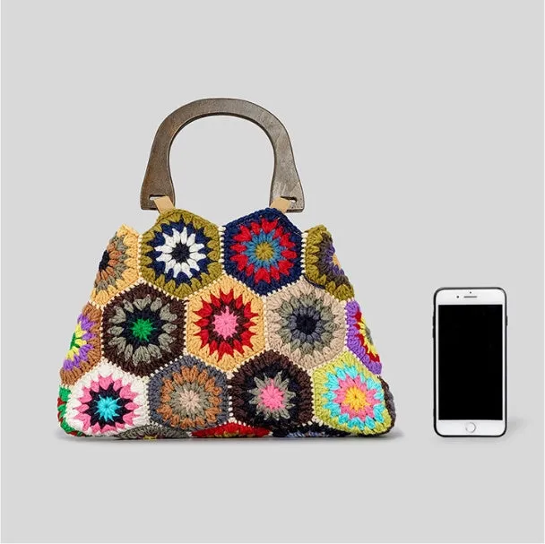Women Bamboo Handle Patchwork Handbag