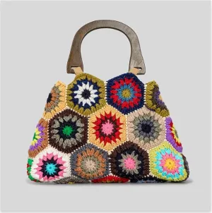 Women Bamboo Handle Patchwork Handbag