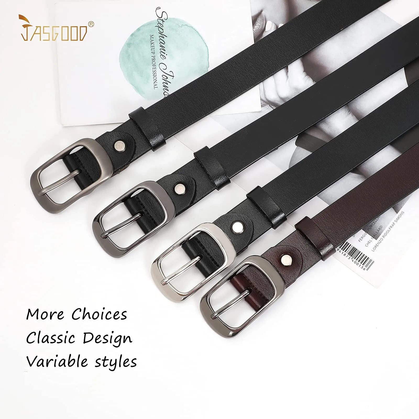 Women Black Leather Belt with Black Buckle,Ladies Classic Waist Belt for Jeans Pants Fashion Design (A-Black, Fit for Pants Size 33"-38")
