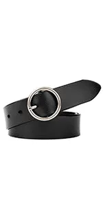 Women Black Leather Belt with Black Buckle,Ladies Classic Waist Belt for Jeans Pants Fashion Design (A-Black, Fit for Pants Size 33"-38")