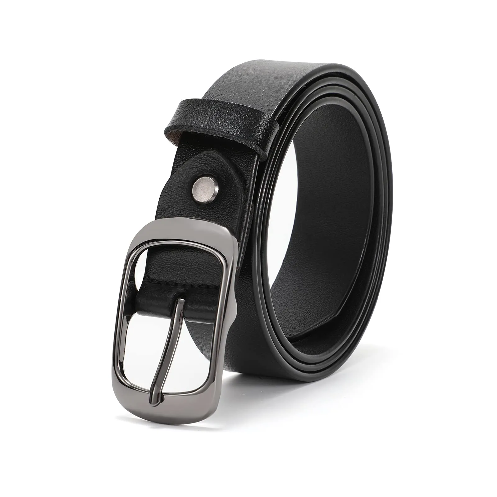 Women Black Leather Belt with Black Buckle,Ladies Classic Waist Belt for Jeans Pants Fashion Design (A-Black, Fit for Pants Size 33"-38")