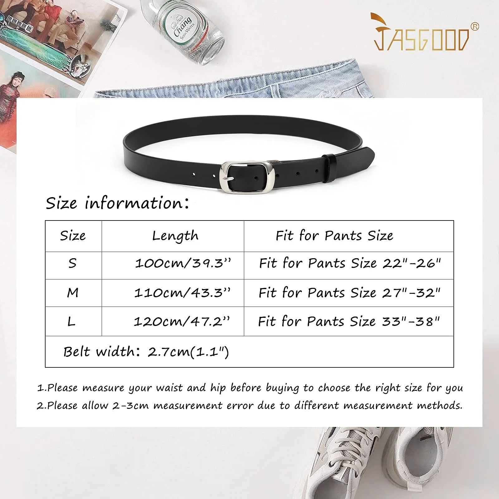 Women Black Leather Belt with Black Buckle,Ladies Classic Waist Belt for Jeans Pants Fashion Design (A-Black, Fit for Pants Size 33"-38")