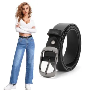 Women Black Leather Belt with Black Buckle,Ladies Classic Waist Belt for Jeans Pants Fashion Design (A-Black, Fit for Pants Size 33"-38")