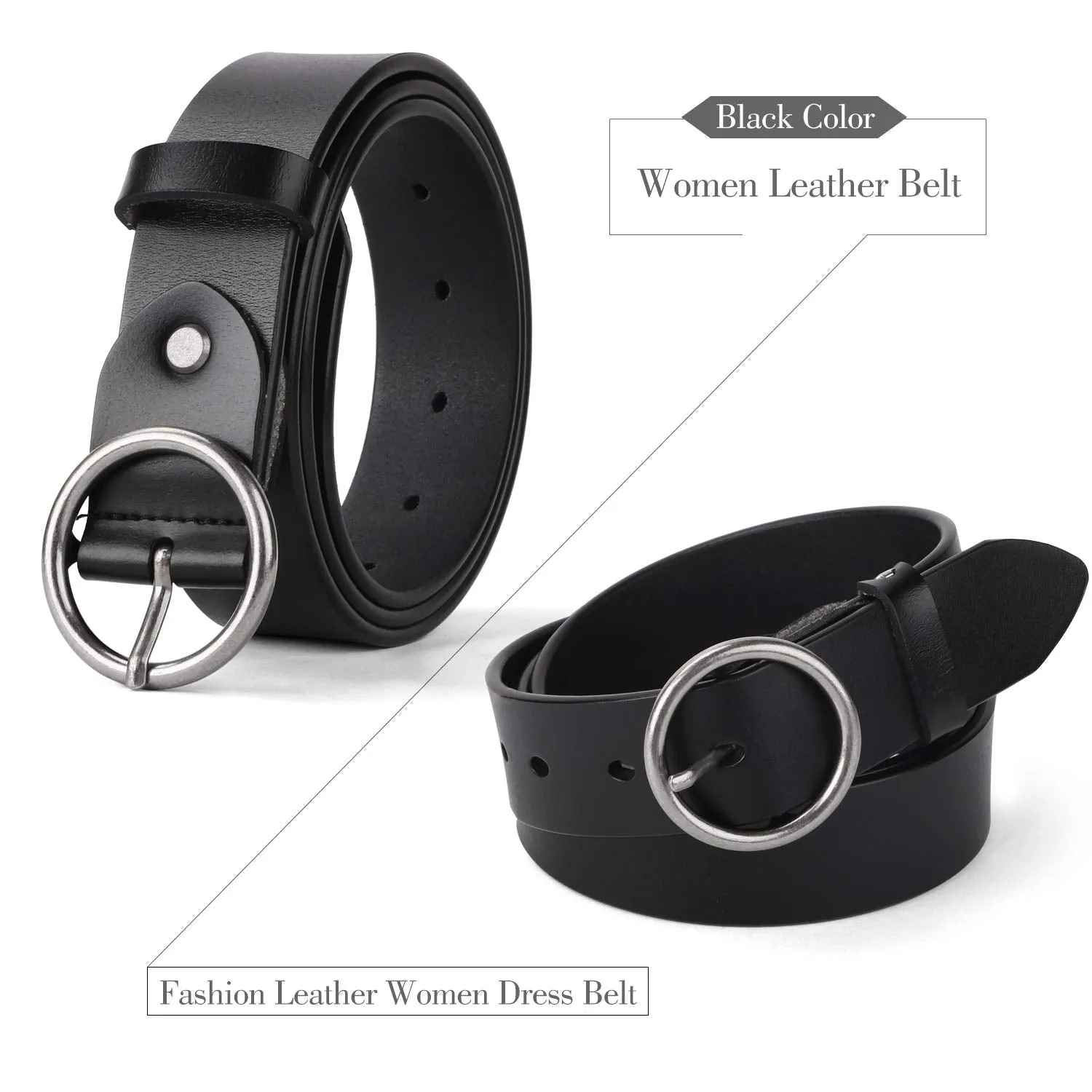Women Casual Dress Belt Fashion Leather Belt with O Ring Buckle for Jeans Pants