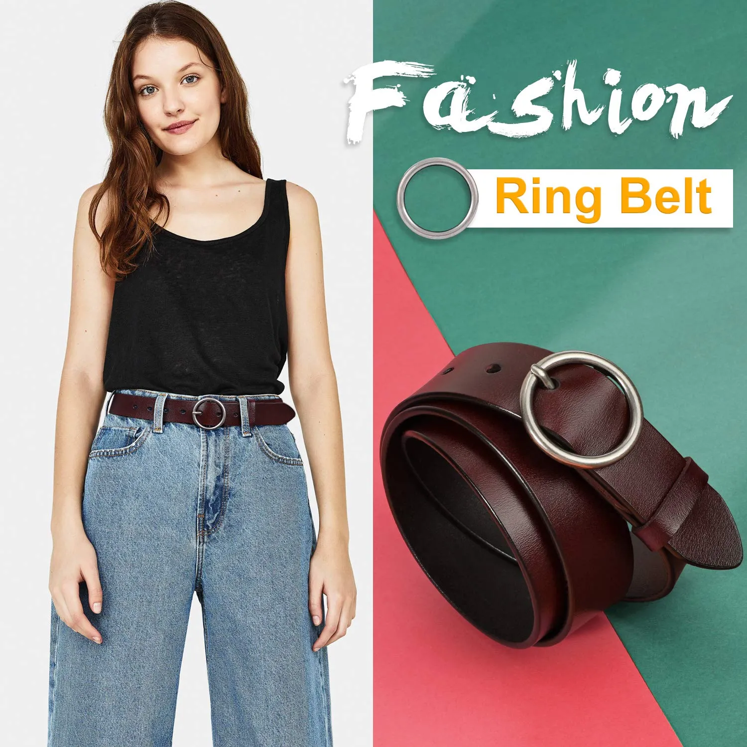 Women Casual Dress Belt Fashion Leather Belt with O Ring Buckle for Jeans Pants