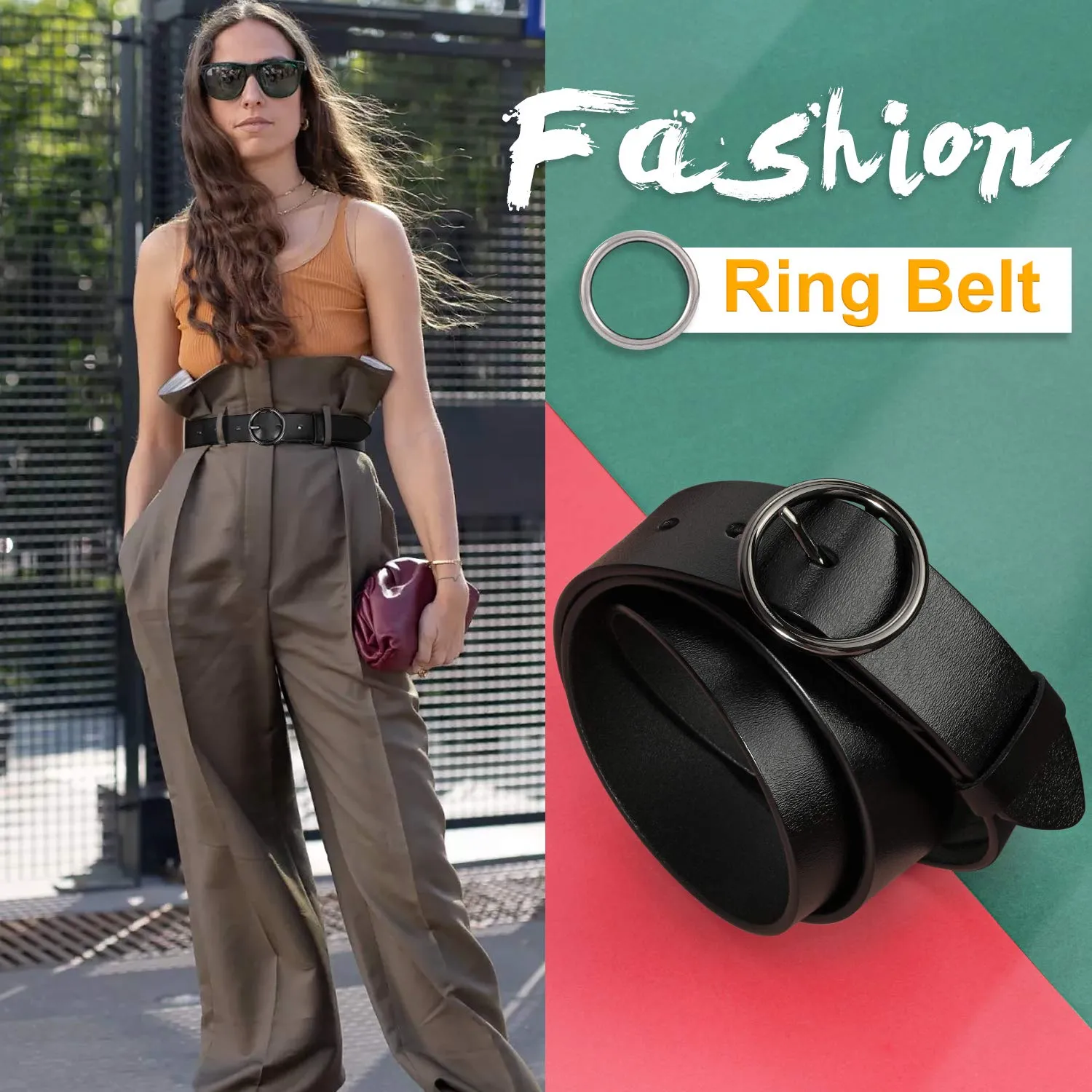 Women Casual Dress Belt Fashion Leather Belt with O Ring Buckle for Jeans Pants