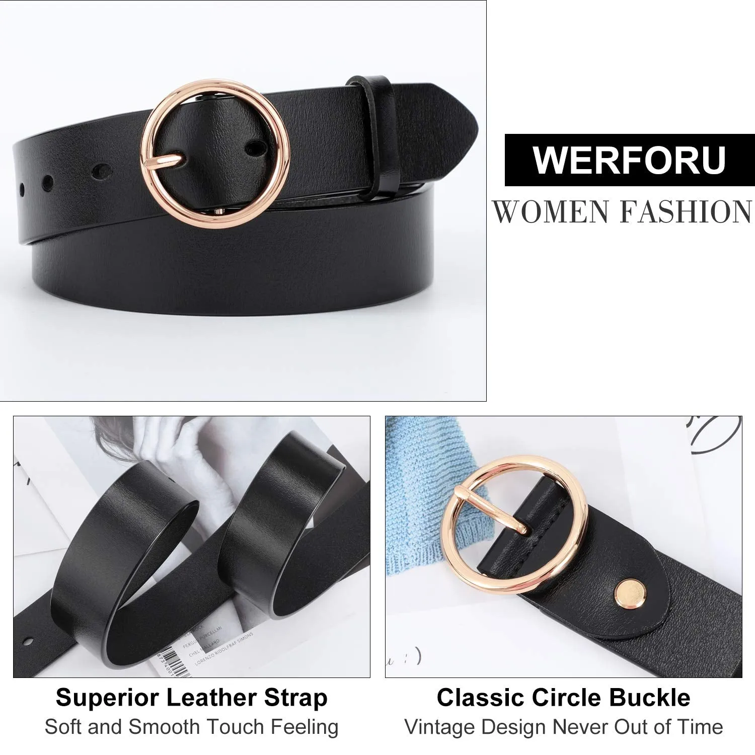 Women Casual Dress Belt Fashion Leather Belt with O Ring Buckle for Jeans Pants