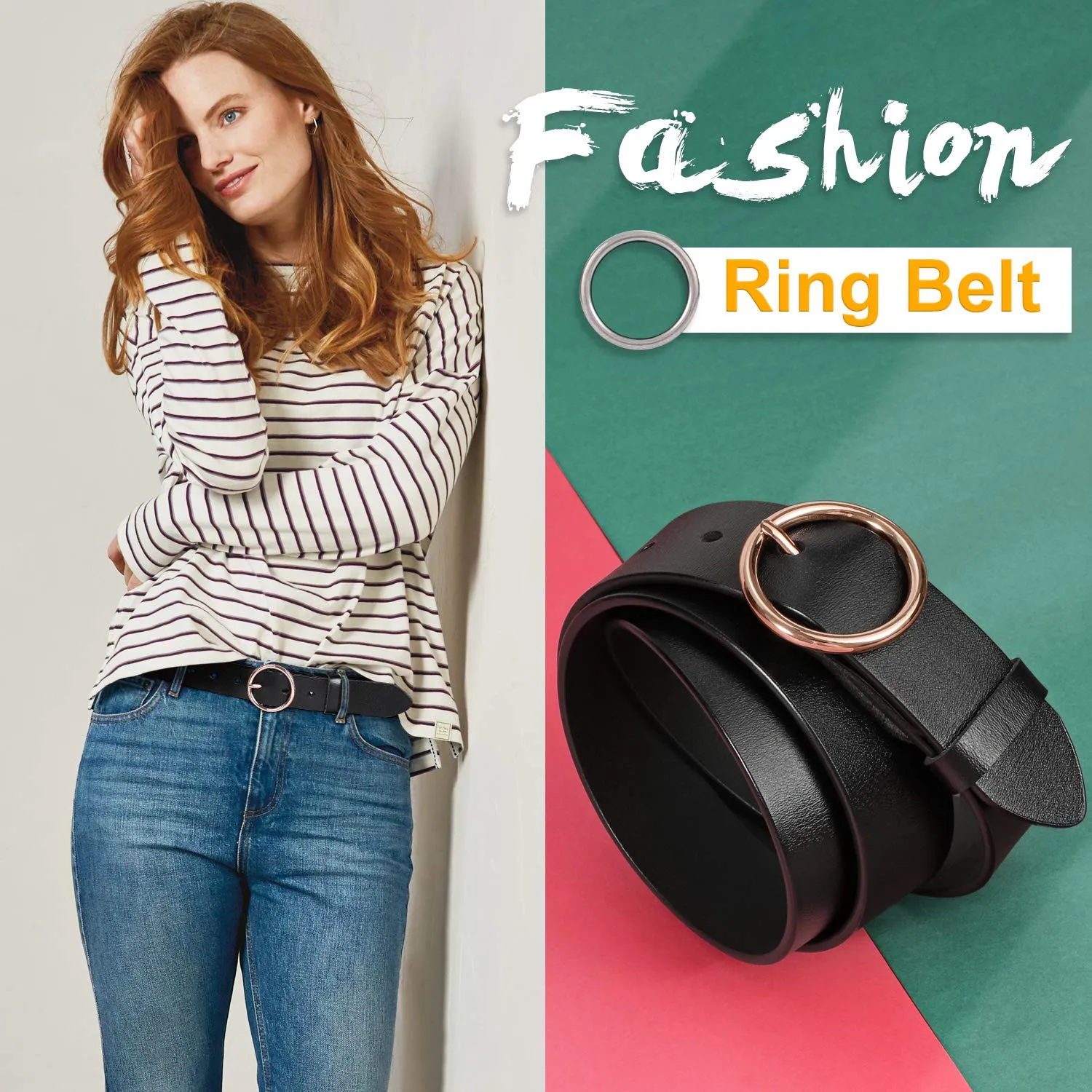 Women Casual Dress Belt Fashion Leather Belt with O Ring Buckle for Jeans Pants