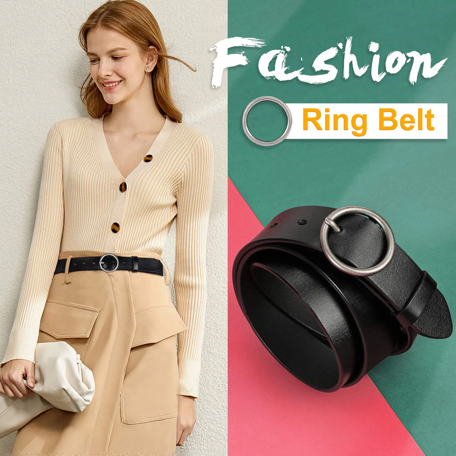 Women Casual Dress Belt Fashion Leather Belt with O Ring Buckle for Jeans Pants
