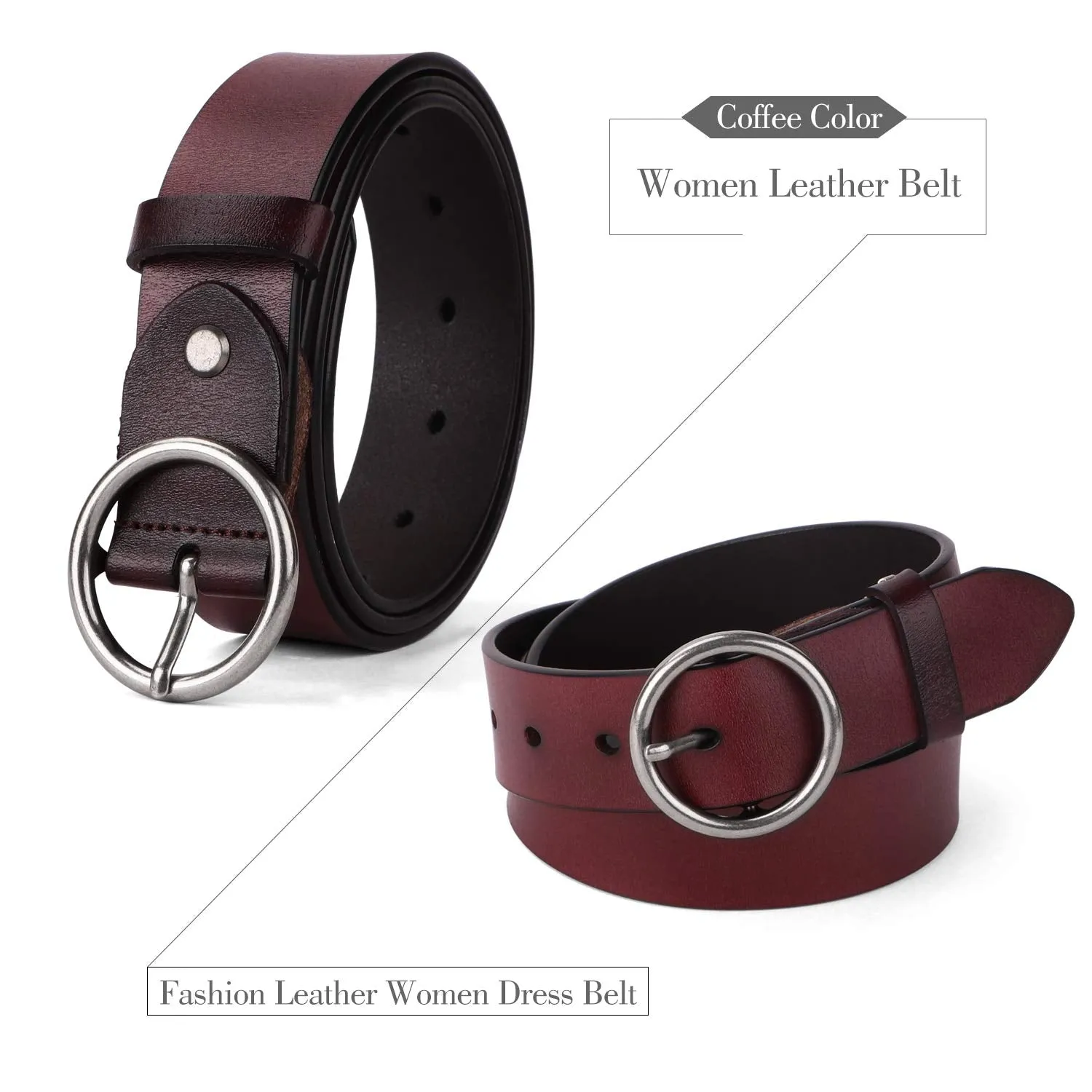 Women Casual Dress Belt Fashion Leather Belt with O Ring Buckle for Jeans Pants