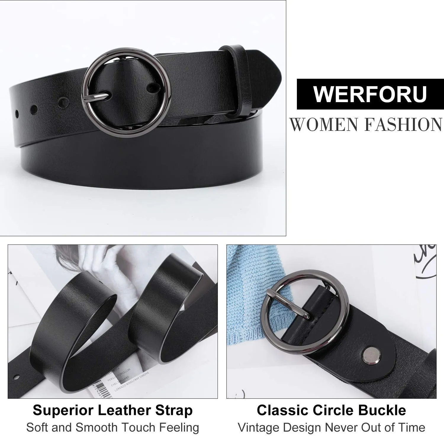 Women Casual Dress Belt Fashion Leather Belt with O Ring Buckle for Jeans Pants