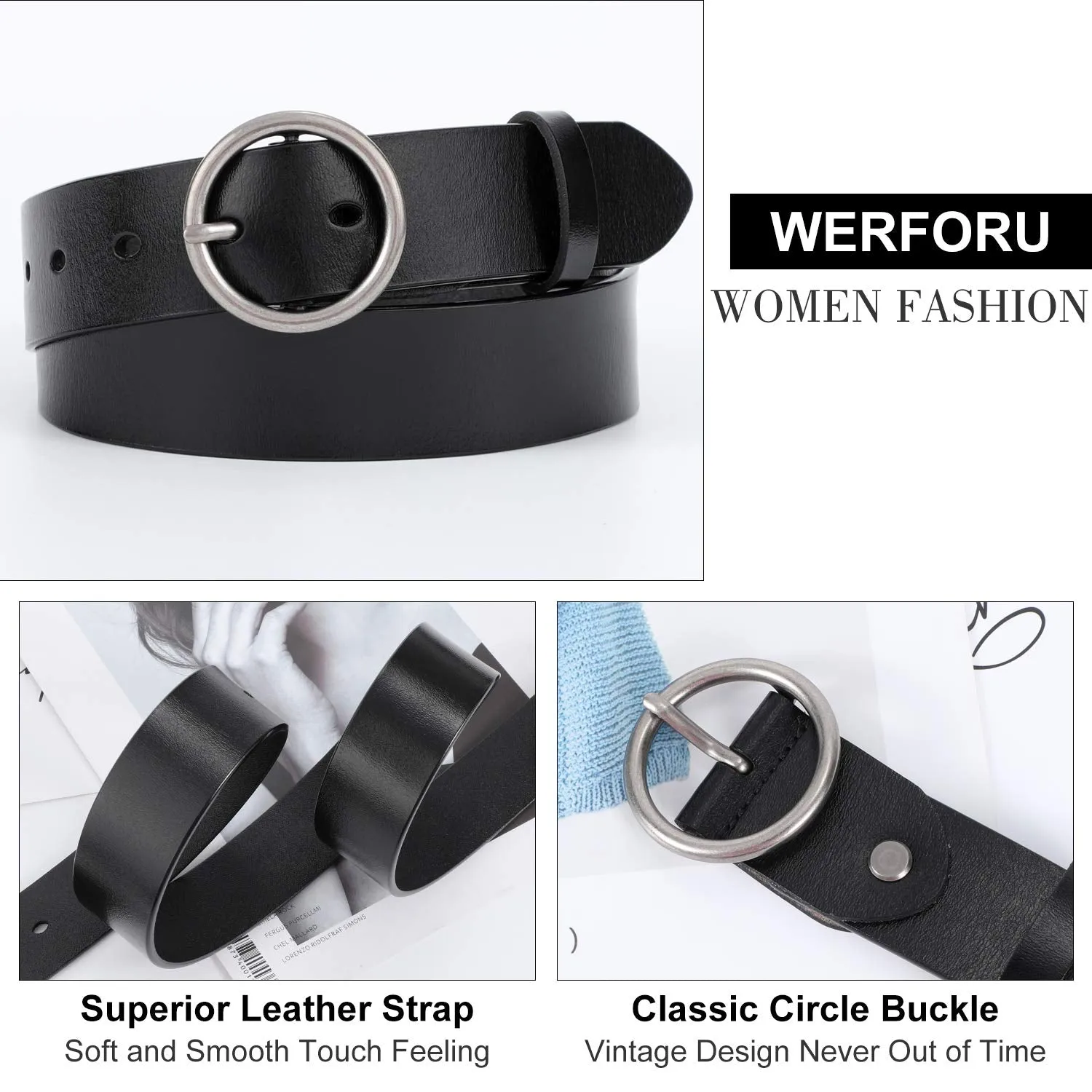 Women Casual Dress Belt Fashion Leather Belt with O Ring Buckle for Jeans Pants