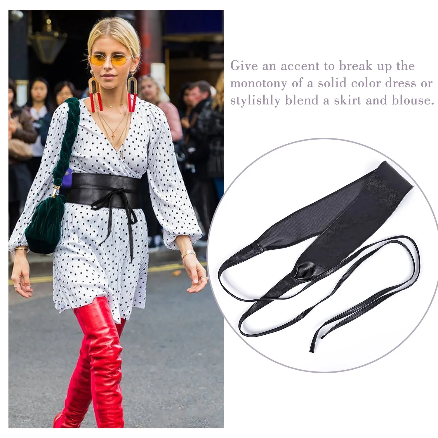 Women Halloween Faux Leather Obi Belt, JASGOOD Wide Self Tie Wrap Fashion Belt for Dress Halloween Costume